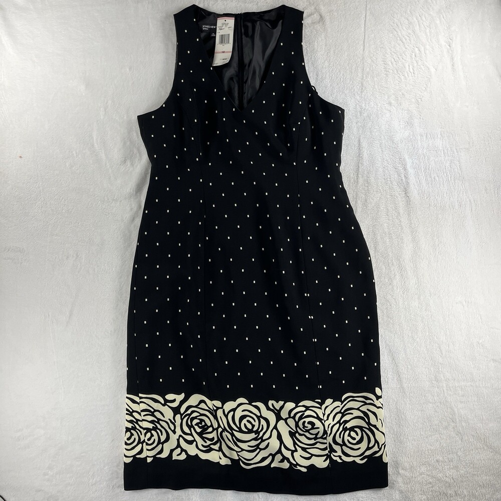 NWT Jones New York Dress 10 Black White Geometric Floral Rose Border Classic Mod